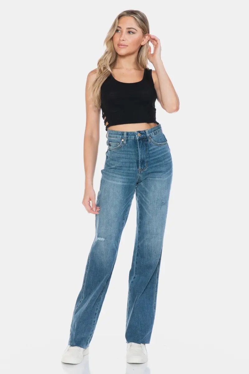 Judy Blue Full Size Tummy Control Cut Raw Hem Straight Jeans - Love Salve